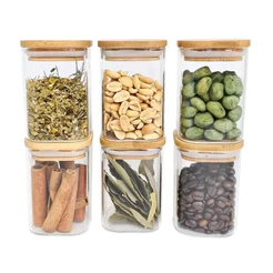 Kit 6 Potes Vidro Borossilicato Condimentos Com Tampa Empilhavel Bambu Quadrado 400ml