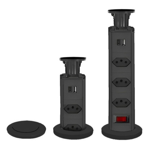 Torre Tomada Preta Retrátil 3 Entradas + Usb Tipo C Embutir Bivolt Multiplug 10A Mesa Bancada