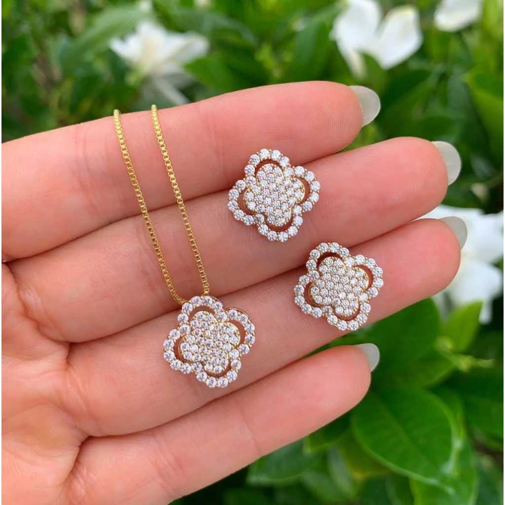 Conjunto Trevo Virgínia Cravejado com Zircônias Tendência Moda Feminina Presente para Mulher