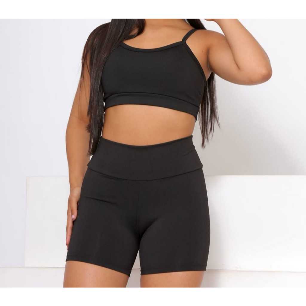 Conjunto Academia Top Alcinha Fina E Shorts Cintura Alta Esporte E Lazer