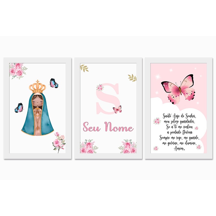 Quadro Decorativo 3 Peças Quarto Nossa Senhora Aparecida Santo Anjo do Senhor Oração Criança