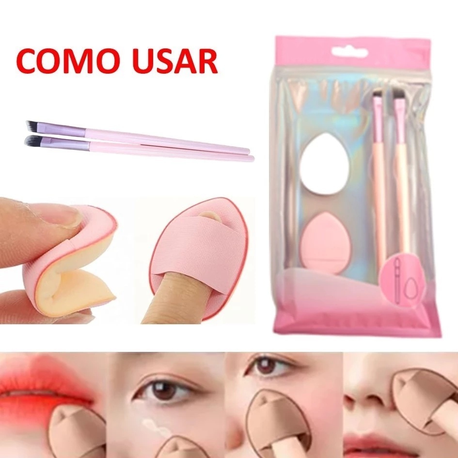 Kit 2 Mini Esponjinhas Almofada De Dedo e 2 Pincéis de Sobrancelha e Corretivo Cor Aleatorios