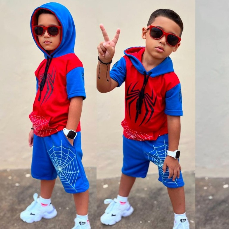 conjunto homem - aranha infantil camisa com capuz e bermuda com elastico estampa aranha