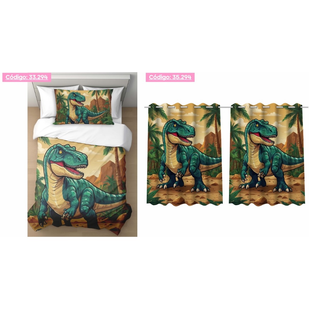 Kit Jogo Quarto Infantil Cortina + Jogo Lençol Kit Solteiro 3 Peças Dinossauro