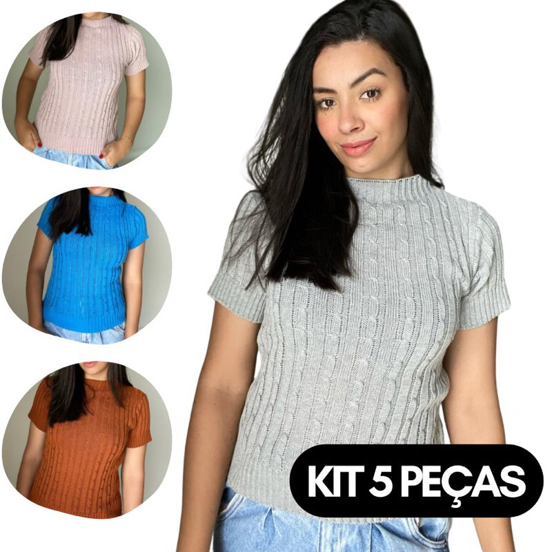 KIT 5 PEÇAS Camiseta manga curta tricot blusa moda feminina blogueira gola alta canelada cropped tricô