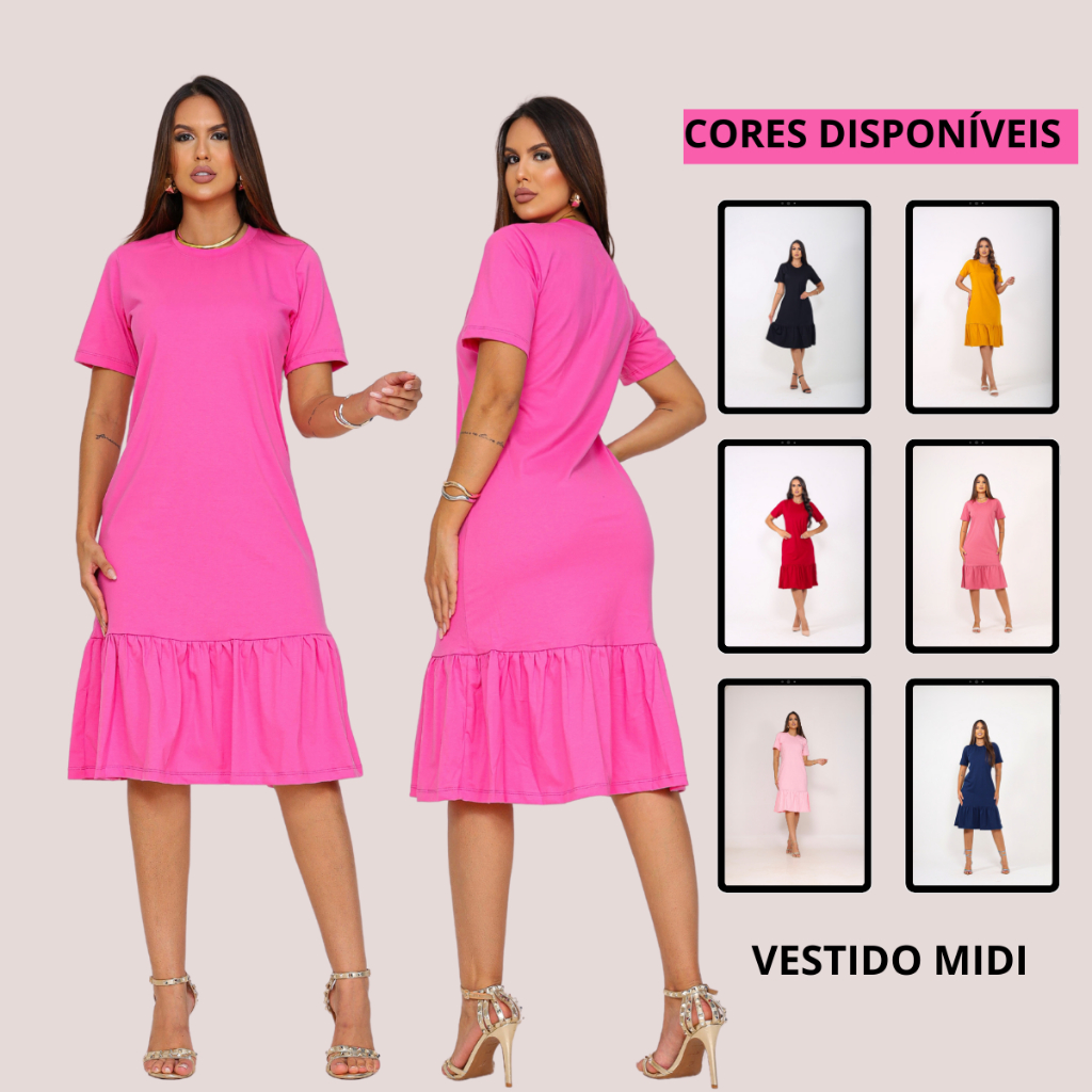 Vestido Feminino Verão Midi Soltinho Moda Jovem Cristã Com Babado Malha Algodão em Oferta na Shopee