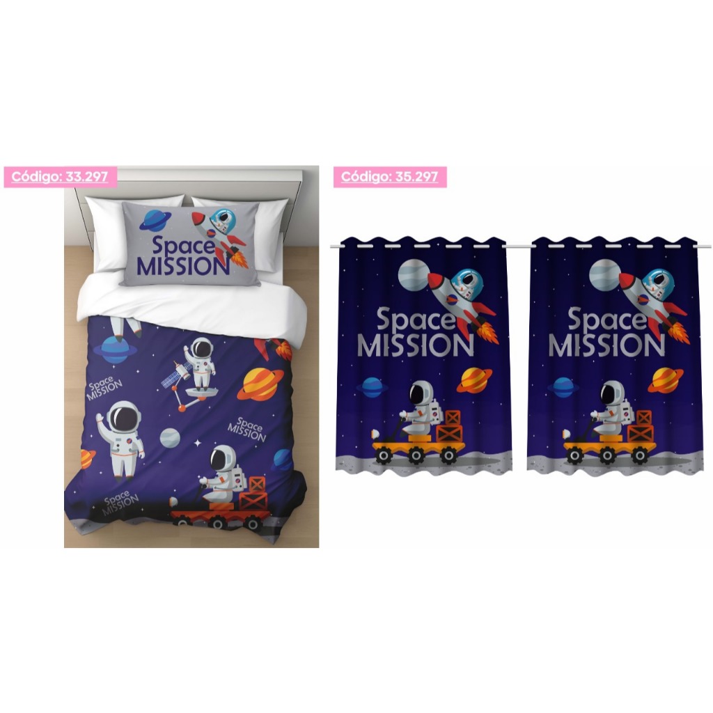 Kit Jogo Quarto Infantil Cortina + Jogo Lençol Kit Solteiro 3 Peças do Astronauta