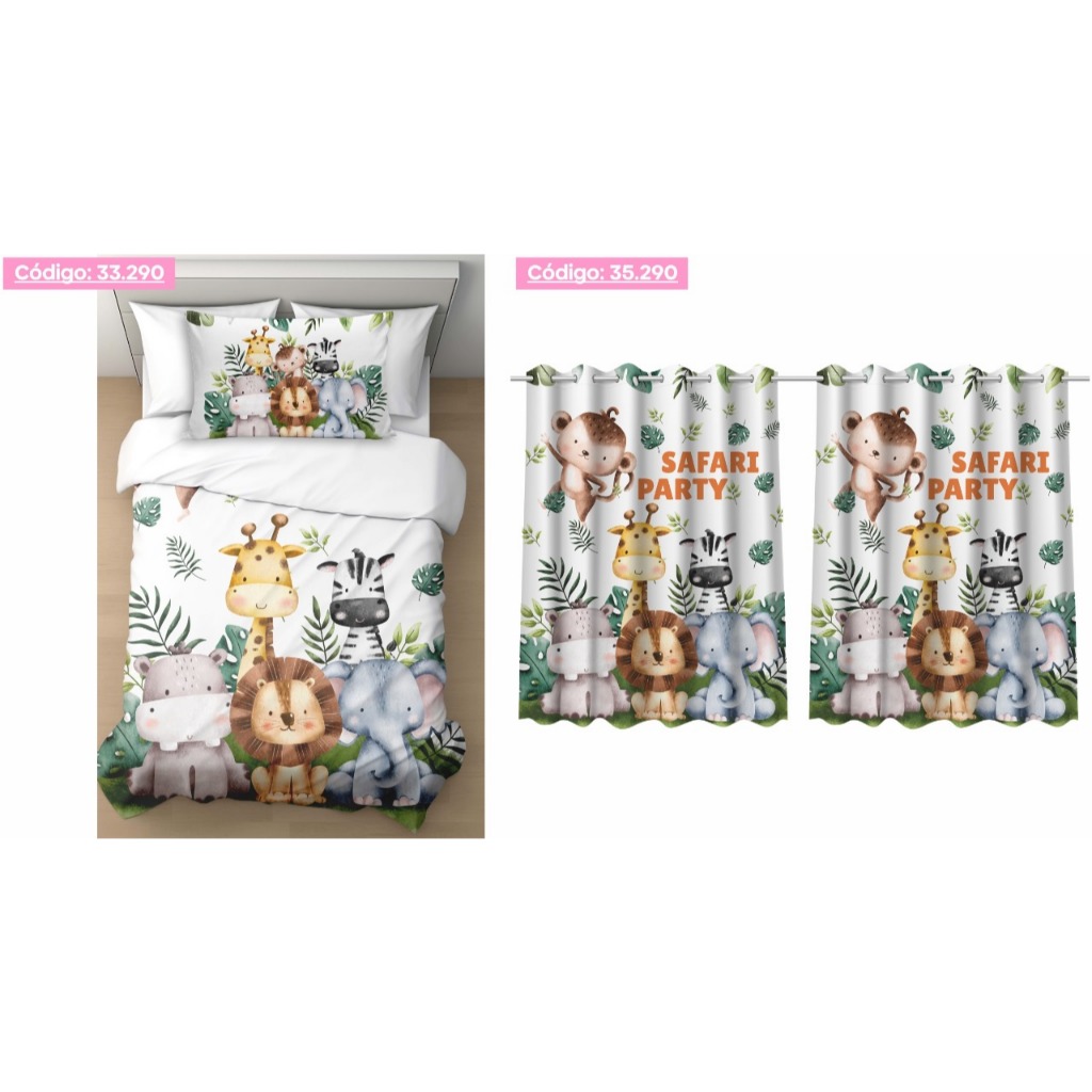 Kit Jogo Quarto Infantil Cortina + Jogo Lençol Kit Solteiro 3 Peças Safari