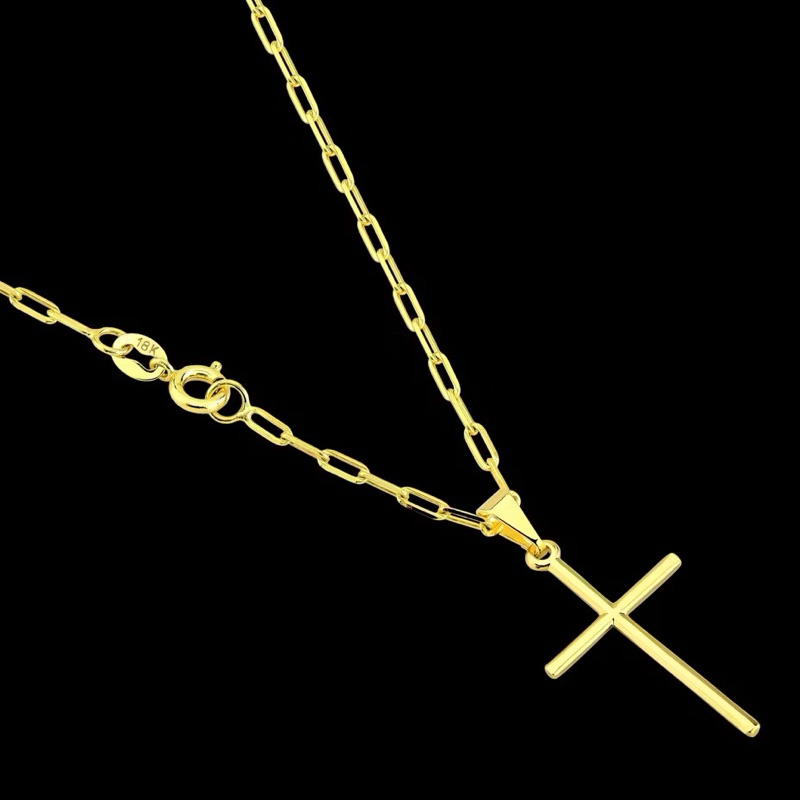 Corrente Masculina Fina Cartier 2mm com Pingente Cruz Palito Banhado a Ouro 18K
