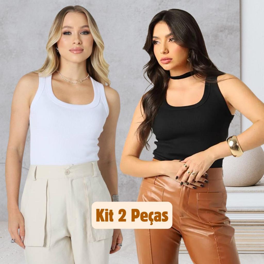 Kit 2 Regatas Femininas Decote Quadrado Elegante Ribana Canelada Blusinha Básica Verão Americana Blusa Feminina