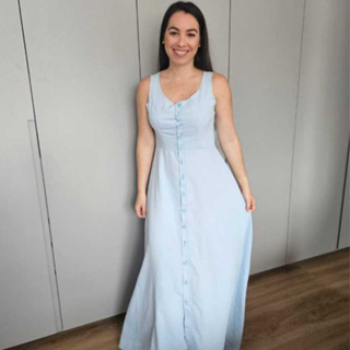 Vestido Longo Feminino Verão Jeans Claro com Botões em Oferta na Shopee