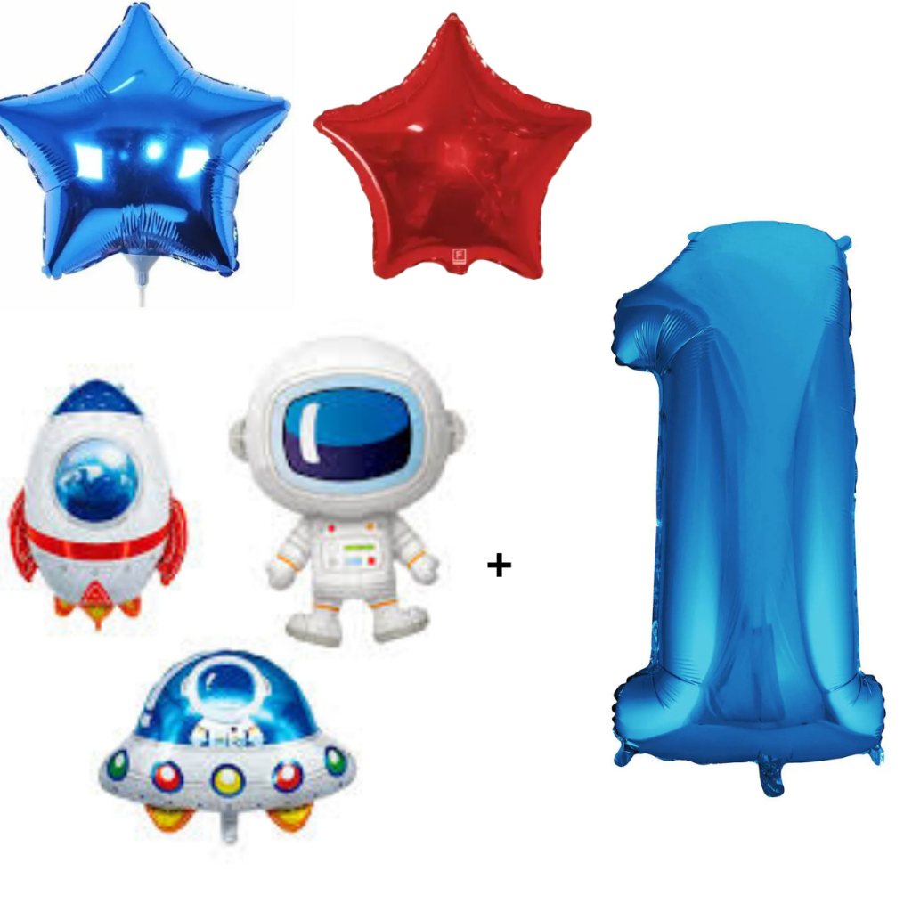 Kit c/6 balões astronautas número azul estrelas