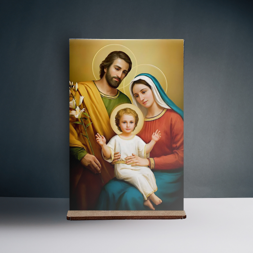 Quadro Decorativo Católico Sagrada Família Jesus Maria José Com Base MDF 10x15cm