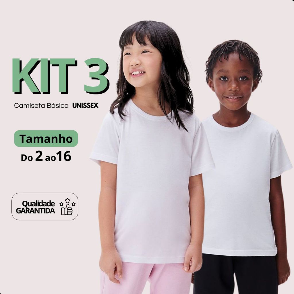 Kit 03 Camisetas Branca Unissex Infantil Menino e Menina Casual Escolar Uniforme em Oferta na Shopee