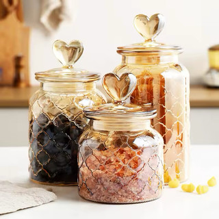 Jogo com 3 Potes Luxo Herméticos Coração de  Vidro -Organizador- Decoração  Cor Âmbar TAM P M G