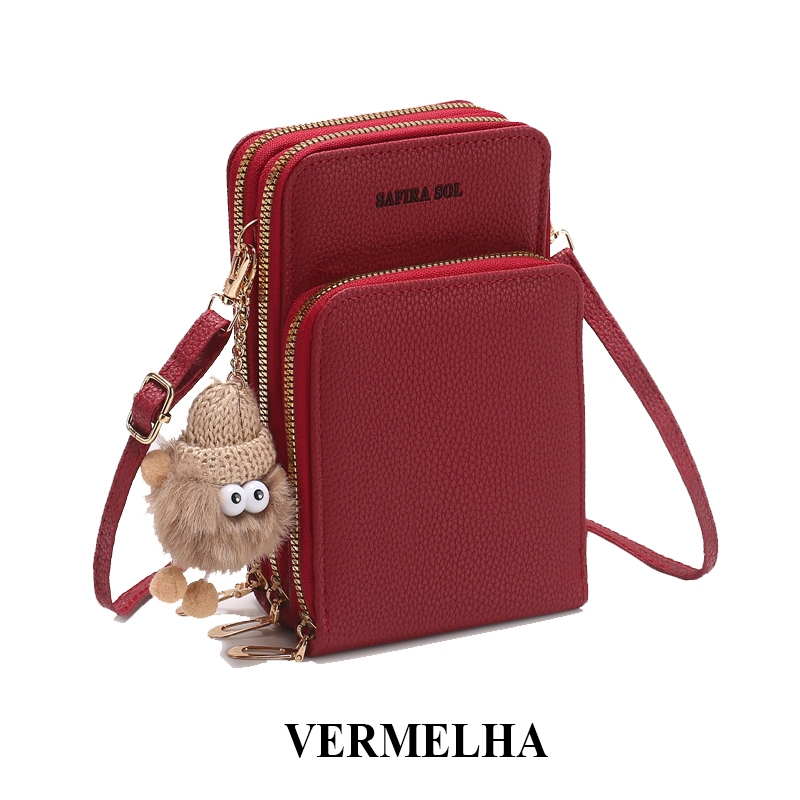 Bolsa Transversal Feminina Porta Celular com 3 Divisorias Transversal 3 Ziper com chaveiro Bolsa Transversal Feminina Porta Celular com 3 Divisorias Transversal 3 Ziper com chaveiro