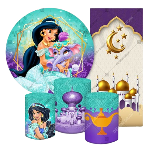 Kit Painel de Festa Princesa Jasmine Aladdin - 1 Redondo 1,5 + 1 Vertical 2x1 + 3 Capas Cilindro em Oferta na Shopee