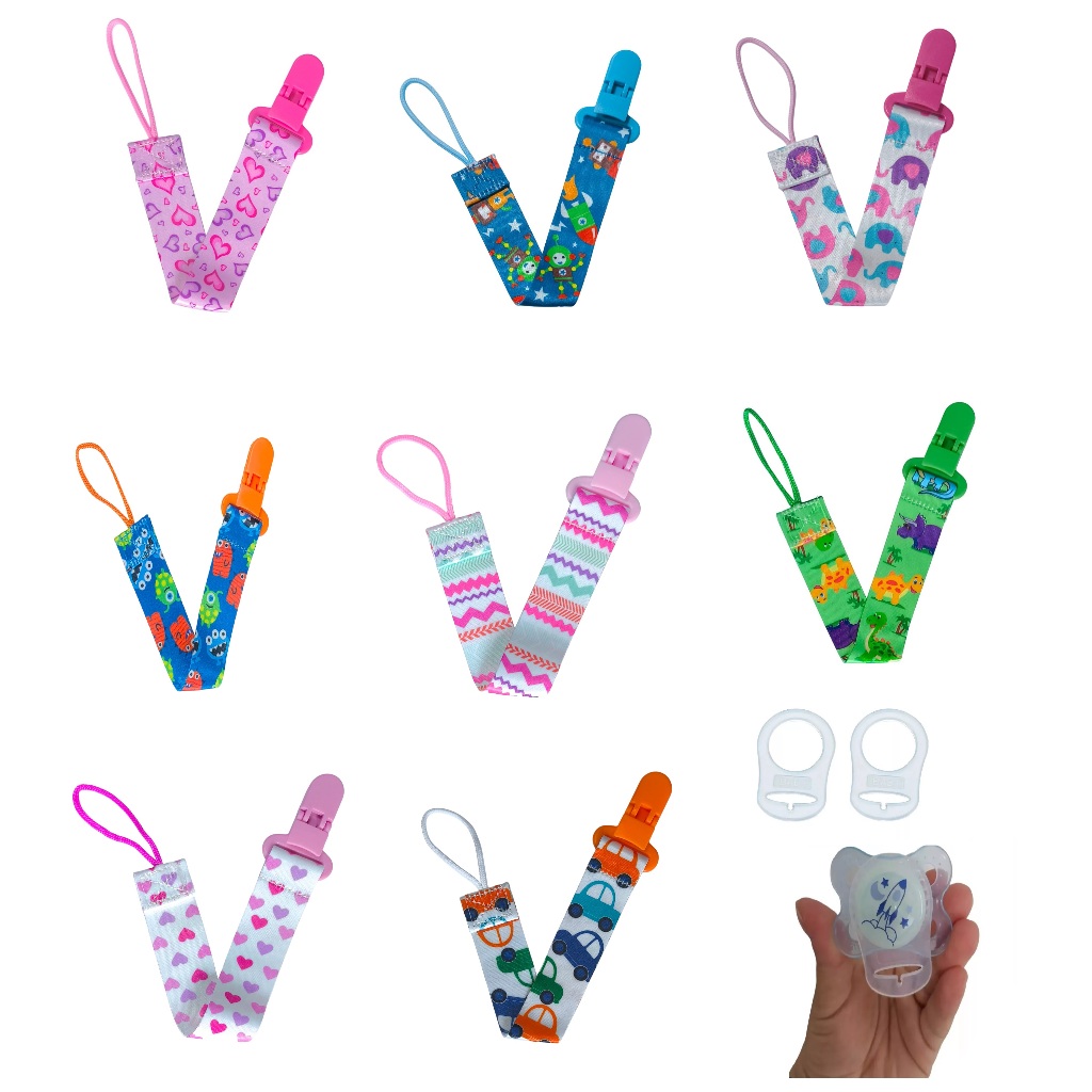 2 Prendedores chupeta bebê menina  menino + 2 anéis de silicone adaptador chupeta sem alça mam nuk