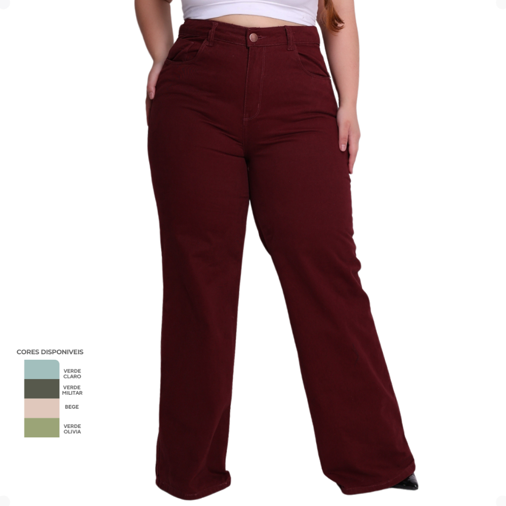 Calça Wide Leg Feminina Plus Size Sarja Cores Cintura Alta Tamanhos 48 ao 54