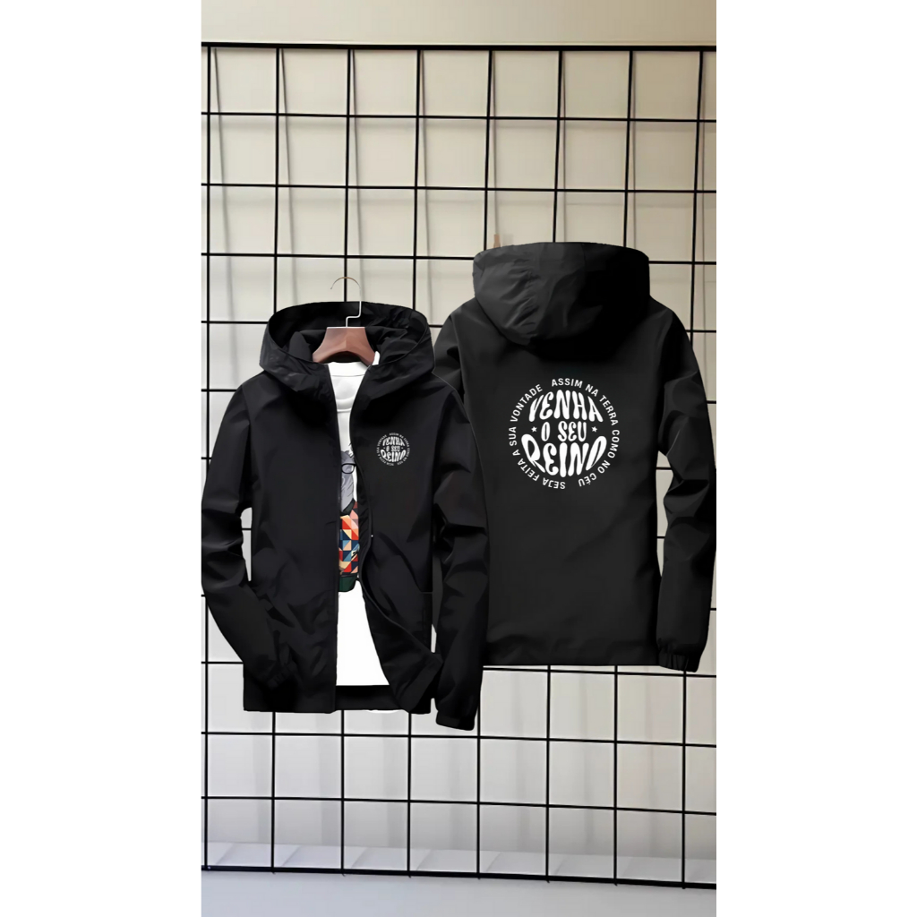 blusa corta vento capuz bolso venha VENHA O SEU REINO ziper tectel jaqueta