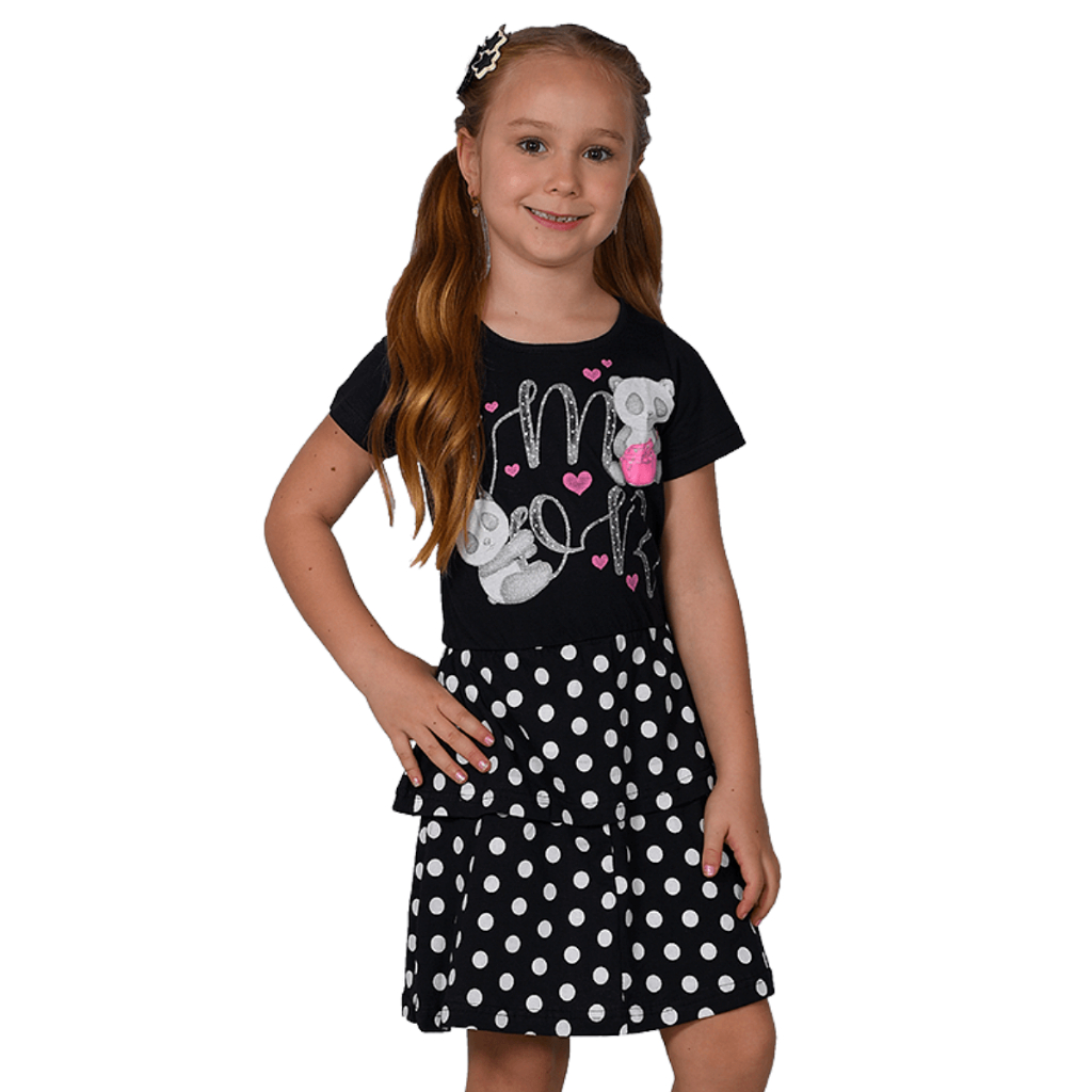 Vestido Infantil Menina Preto Estampa Ursinho e Poá — imagem 2 de 2