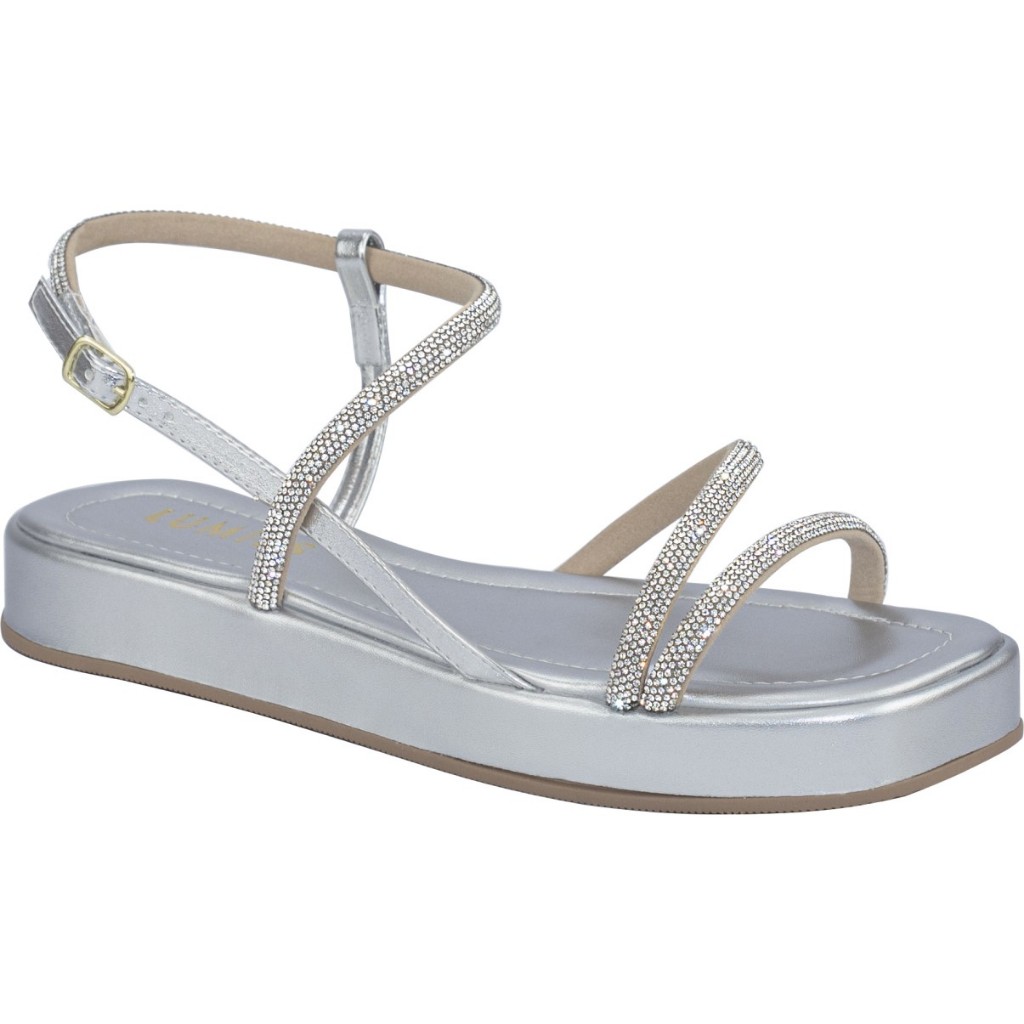 Sandália Papete Feminina Lumiss Confortável Flatform Tiras Strass Blogueira Prata