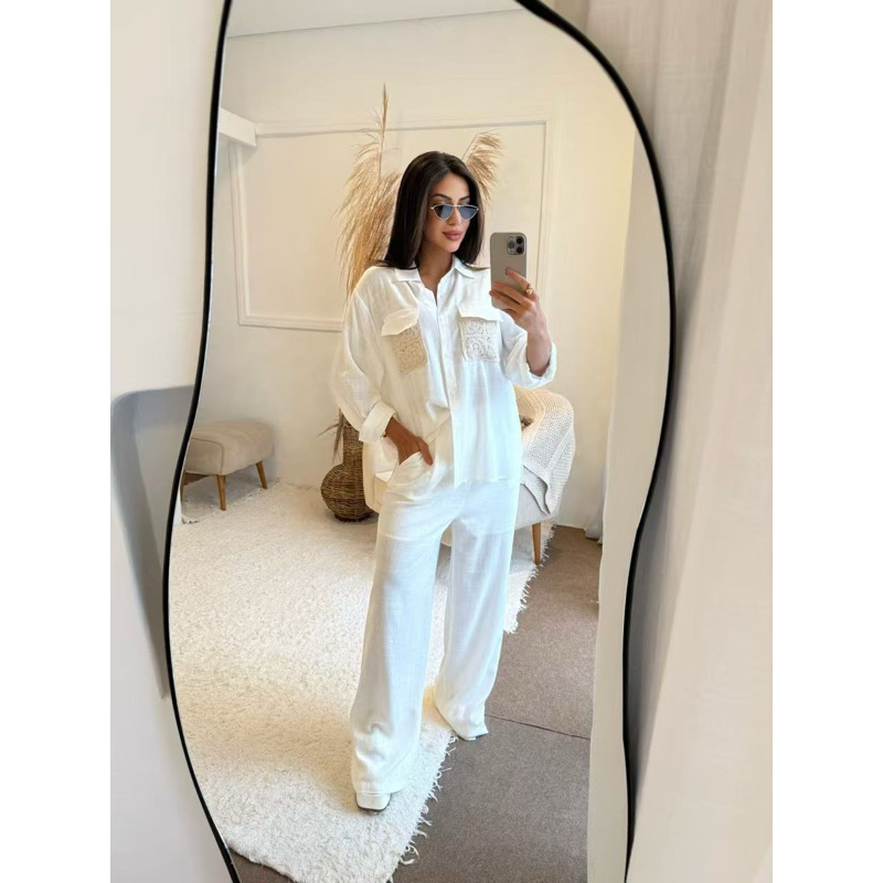 conjunto linho importado camisa com bolso crochê experiência e calça pantalona com forrado da short