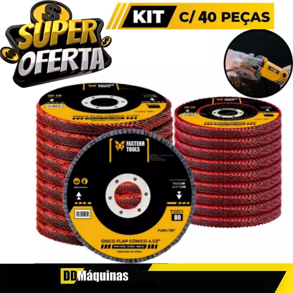 Kit com  40 Discos Flap Grão 80 aplicação em aço e madeira em Aço Cônico 4.1/2 - Fasterr em Oferta na Shopee