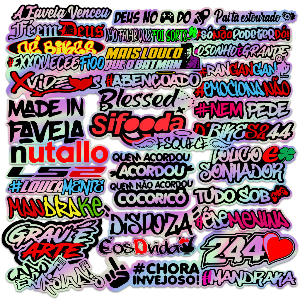 Kit Radical de 50 Adesivos Holográficos Frases Prontas Estilo Favela para Motos Variados em Oferta na Shopee