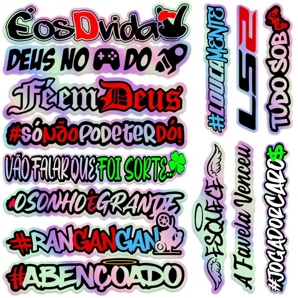 Cartela Frases Grau Holográfico 14 Adesivos Grande 20cm Carro Moto Bike Bag Caderno Notebook