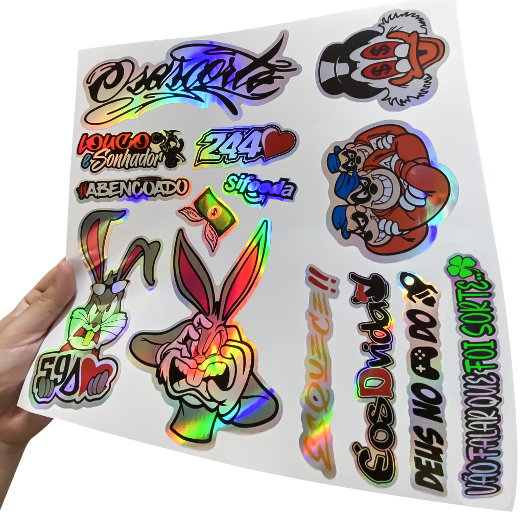 Kit 14 Adesivos Holografico Cartela 244 Abençoado Osascorte Louco Moto Carro Capacete Camaleão · foto 2