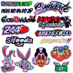 Kit 14 Adesivos Holografico Cartela 244 Abençoado Osascorte Louco Moto Carro Capacete Camaleão