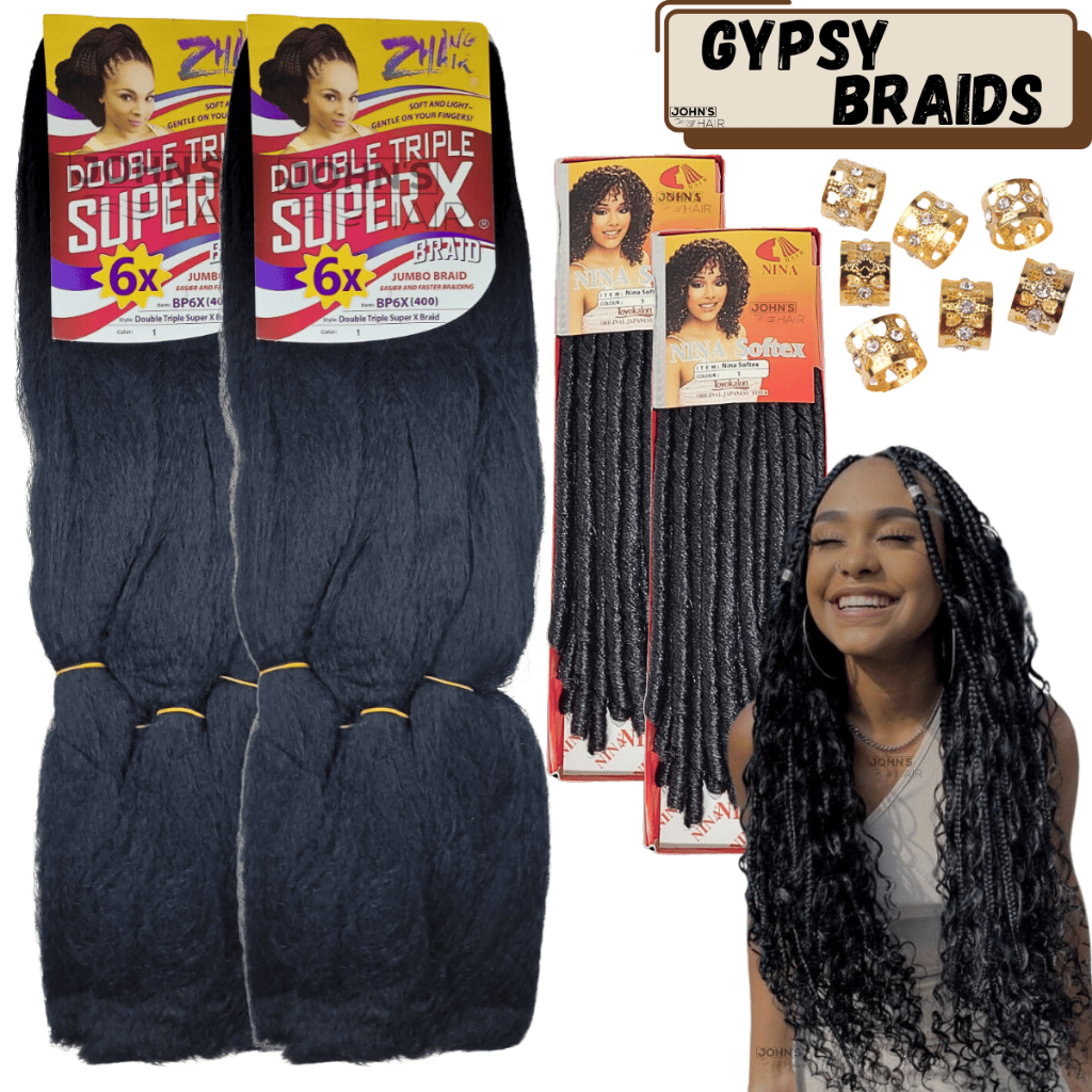 Kit 2 Cabelos Gypsy Braids Jumbo Jumbão Super Hiper X Para Tranças + 2 Cabelos Nina Softex Cachos Crochet Braids + Anéis