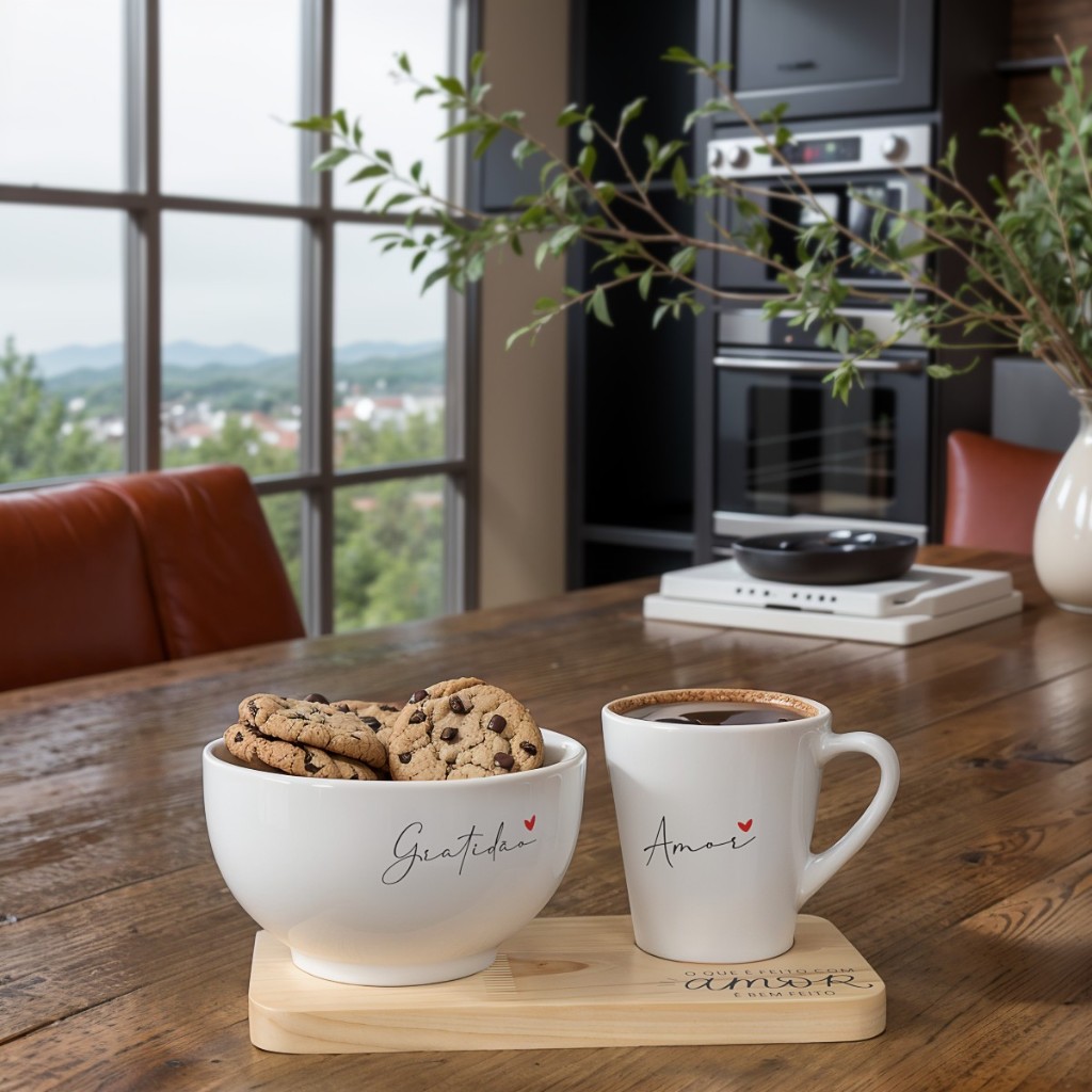 Jogo Mesa Posta Cafe da Manhã Tigela Bowl Caneca Porcelana Personalizada Com Tabua Bandeja Madeira