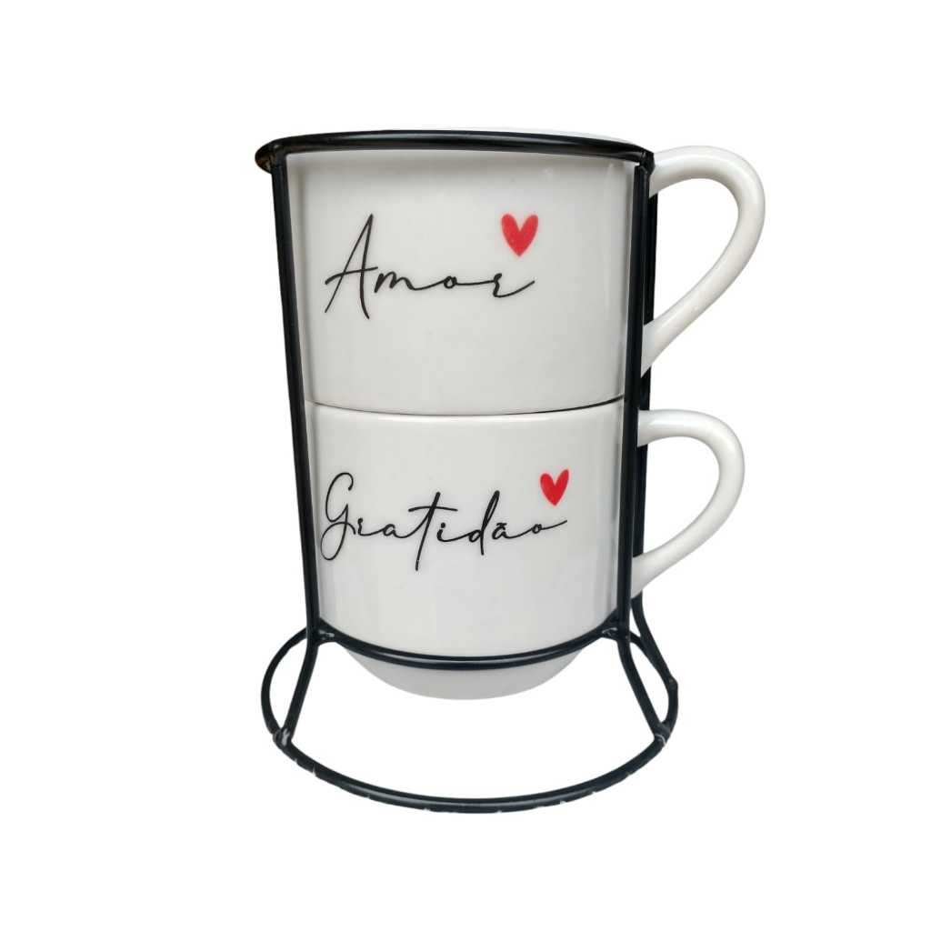 JOGO KIT 2 CANECA XÍCARA CHÁ CAFÉ PORCELANA BRANCA DECORADA GRATIDÃO AMOR EM PRETO CORAÇÃO VERMELHO SUPORTE BOM PRESENTE
