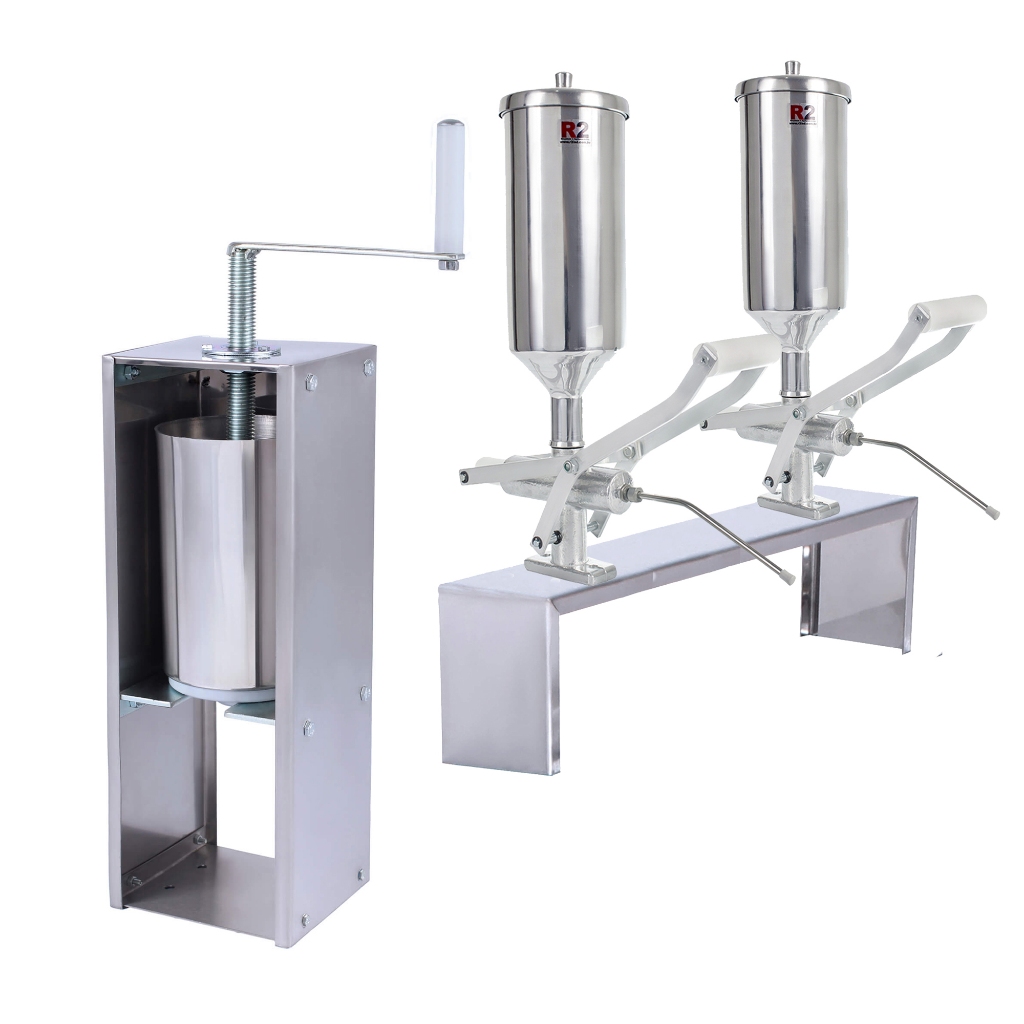 Kit Masseira Máquina Modeladora de Churros Fuso Inox + 2 Doceiras Recheadeira Recheador Alumínio 2 Litros + Suporte - R2