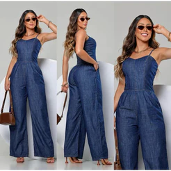 Macacão Feminino Jeans Pantalona Alça Regulável Moda Casaul P ao GG PROMOÇÃO LANÇAMENTO!