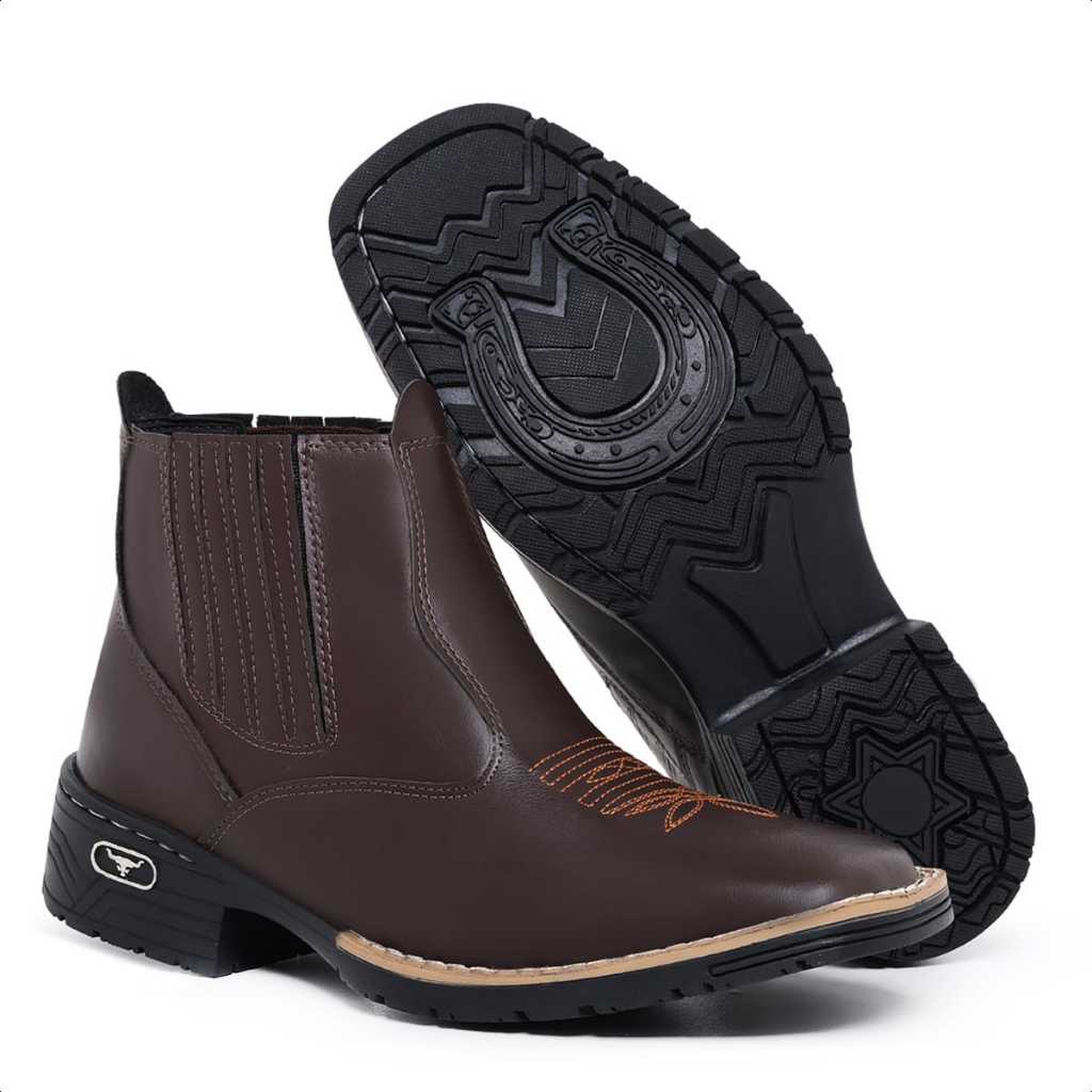 Bota Botina Country Vaquejada Masculina Em Couro Sintético Detalhe em Bordado