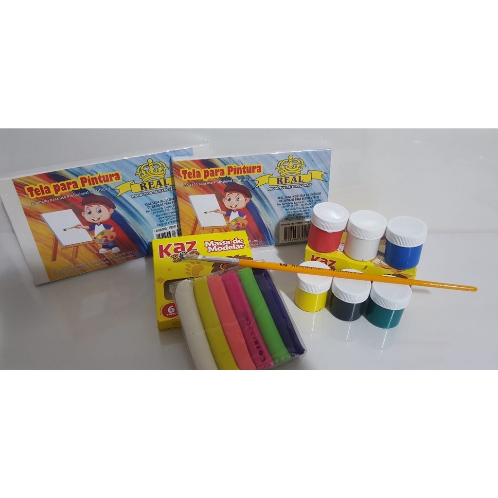 KIT INFANTIL - 2 Telas de Pintura/ 6 Tintas Guache/ 1 Pincel/ 6 Massinhas