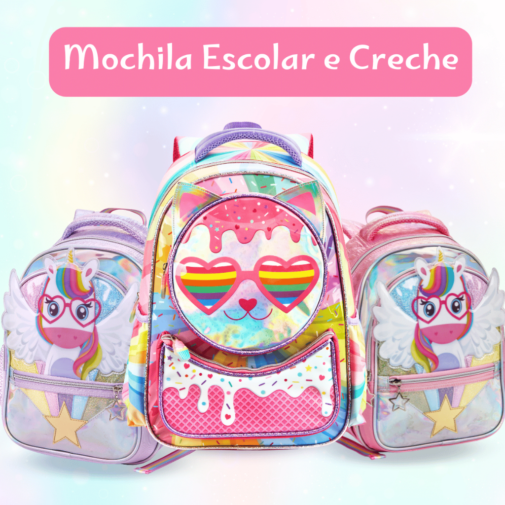 Mochila Menina Escolar Creche Infantil Bolsa Costas Grande Feminina Gatinha Unicórnio Alça