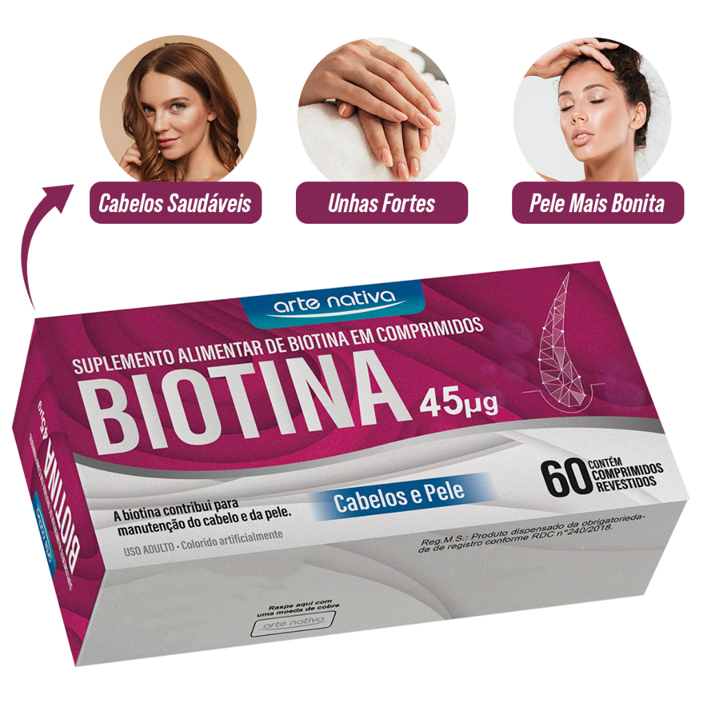 Vitamina Biotina Cabelo Unhas e Pele Vitamina 45g 60 Comprimidos Arte Nativa