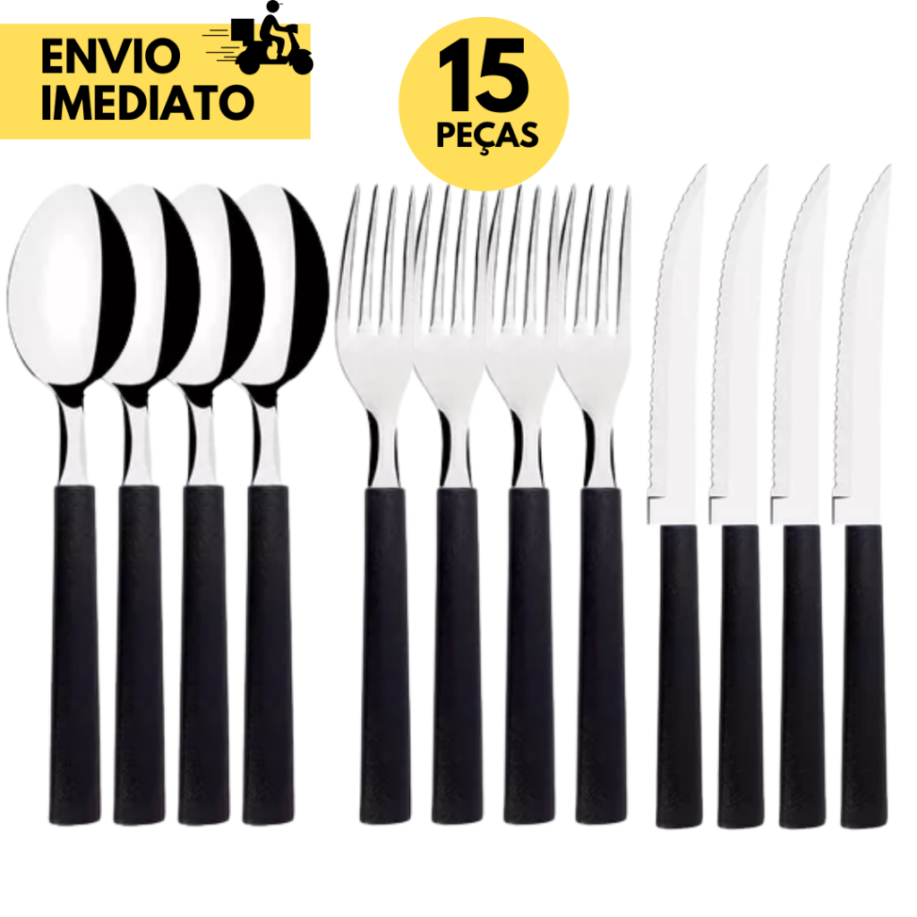 15 Talheres de Inox Cabo Preto 5 Facas 5 Colheres 5 Garfos uso Residencial Restaurante Hotel Padaria em Oferta na Shopee
