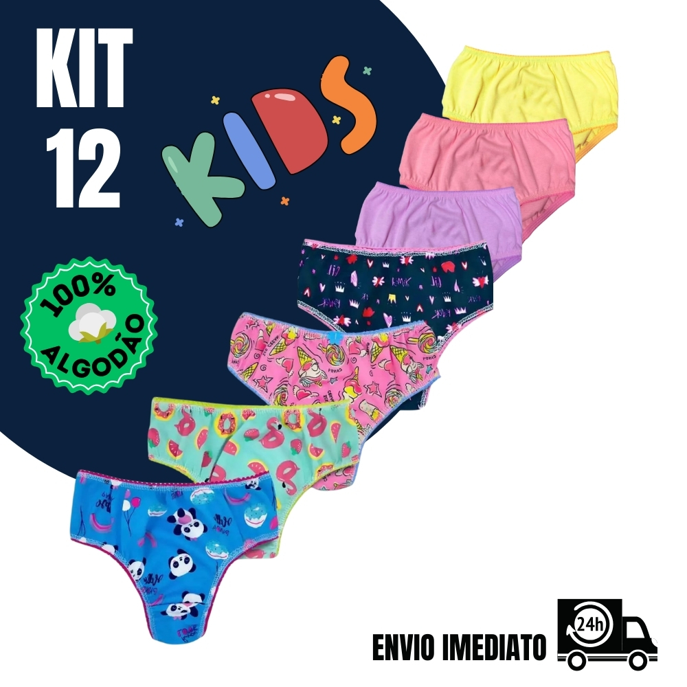 Calcinhas Menina Infantil kit 12 Juvenil 100% Algodão Super Confortavel Cores Sortidas 5 lisas/5 estampadas