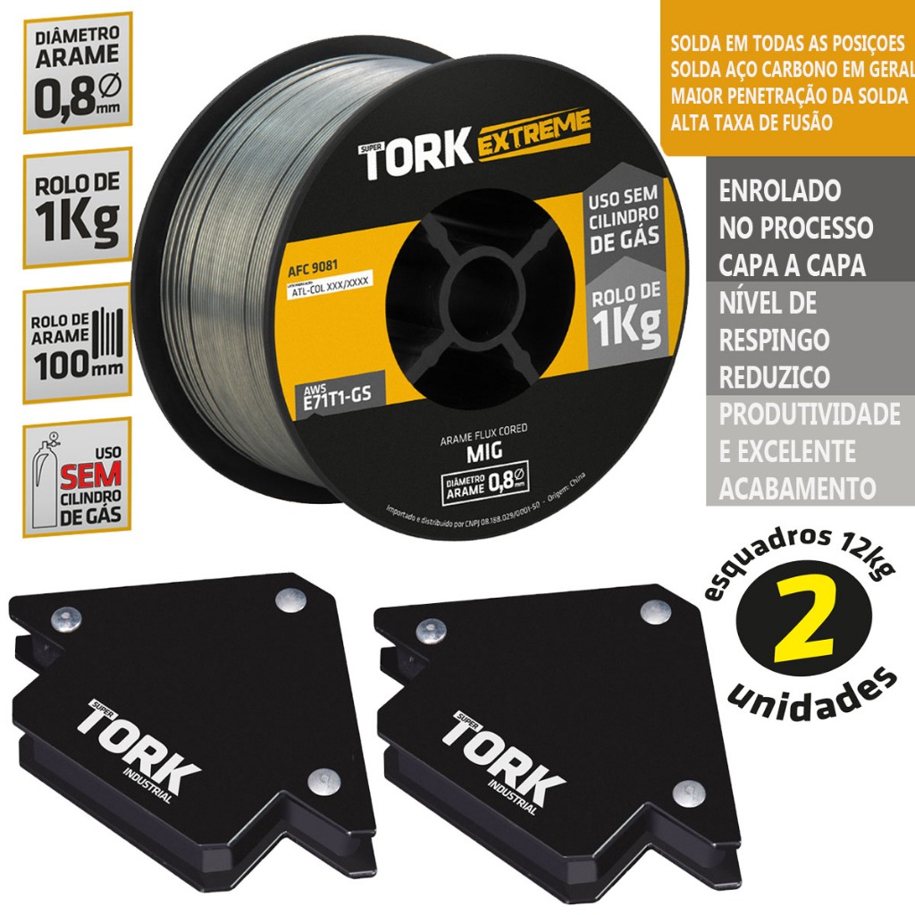 Kit Consumíveis Arame Para Solda Mig Uso Sem Gás 0,8mm 1kg + 2 Esquadro Magnético 12Kg Tork em Oferta na Shopee