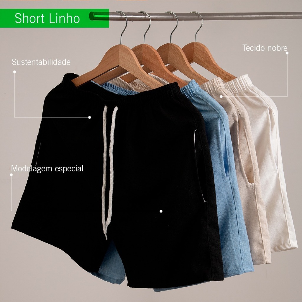 Kit 3 Short Linho Bermuda Mauricinho sarja colorida qualidade premium