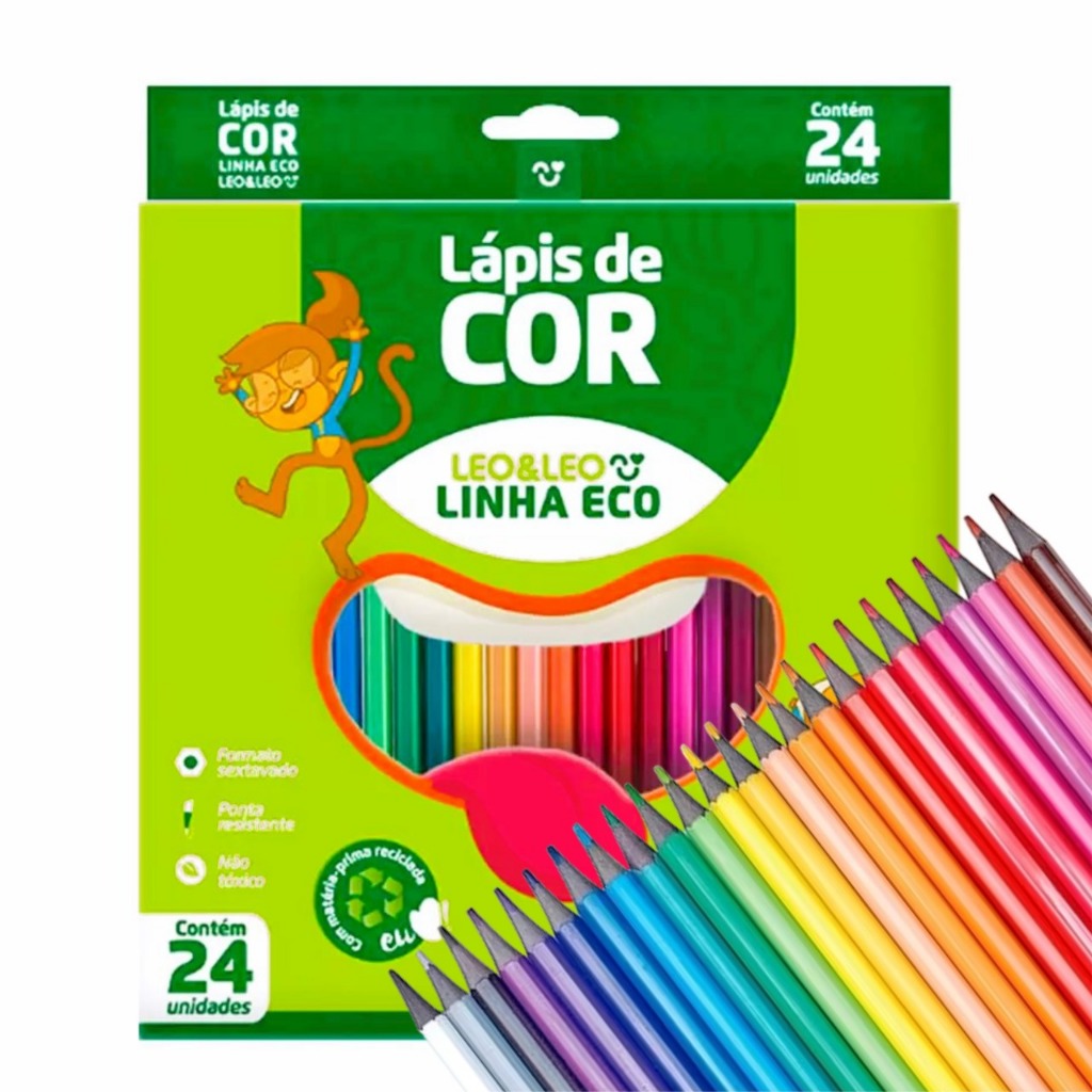 Caixa Lápis De Cor 12 OU 24 cores - Ecológico Leo & Leo MATERIAL ESCOLAR 2025
