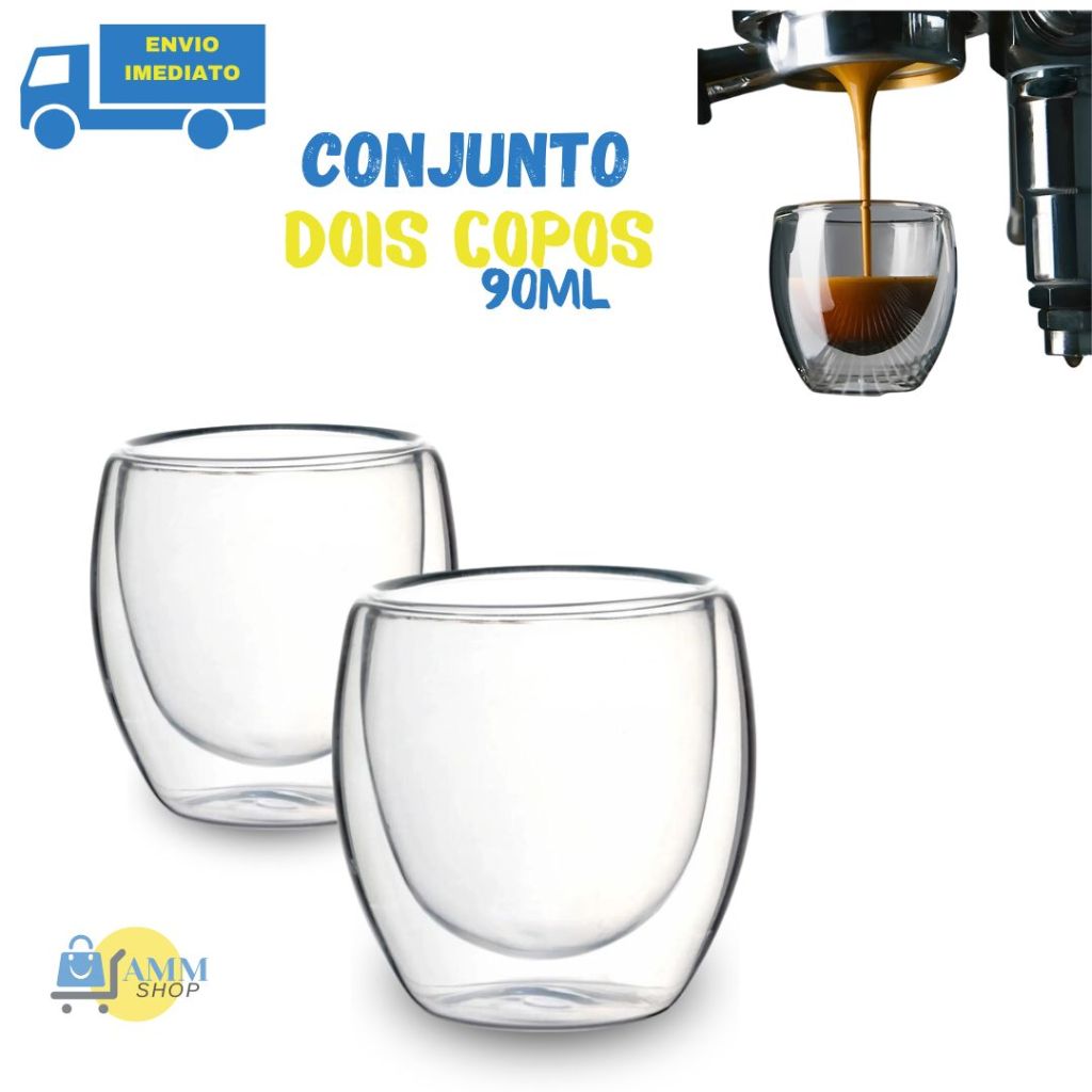 Conjunto De 02 Copos De Parede Dupla 90ml De Vidro Para Cafe Expresso Chá