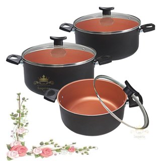 Kit 3 Panelas Caçarolas 16 18 20cm 5 Camadas Antiaderente Teflon Cobre Preto Com Tampa De Vidro Grossa Resistente em Oferta na Shopee