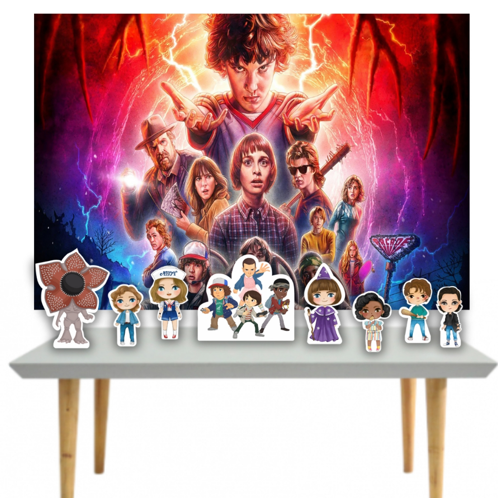 Stranger Things kit festa seriado Netflix com painel banner e enfeite mesa