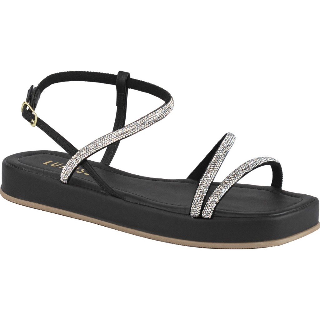 Sandália Papete Feminina Lumiss Confortável Flatform Tiras Strass Blogueira Preto em Oferta na Shopee